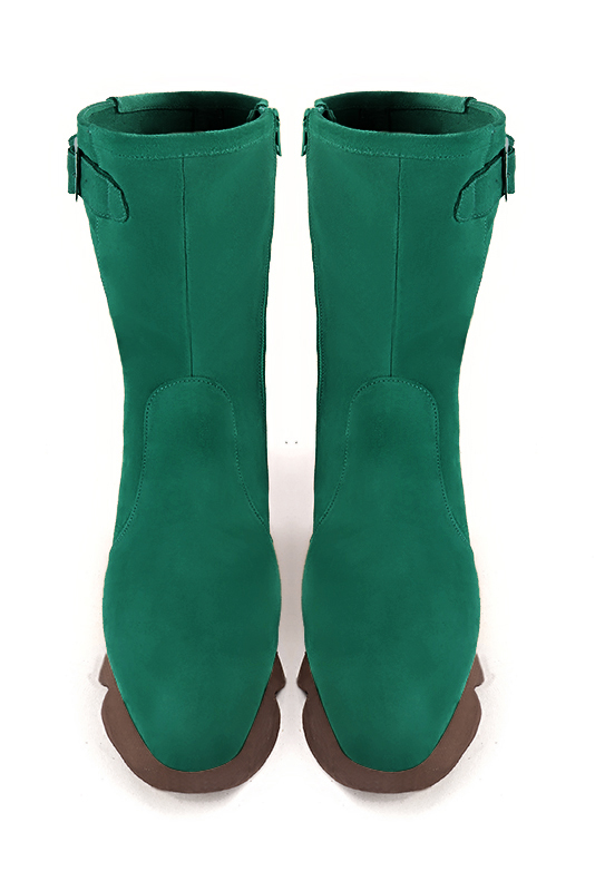 Emerald green women's ankle boots with a zip on the inside. Round toe. Low rubber soles. Top view - Florence KOOIJMAN